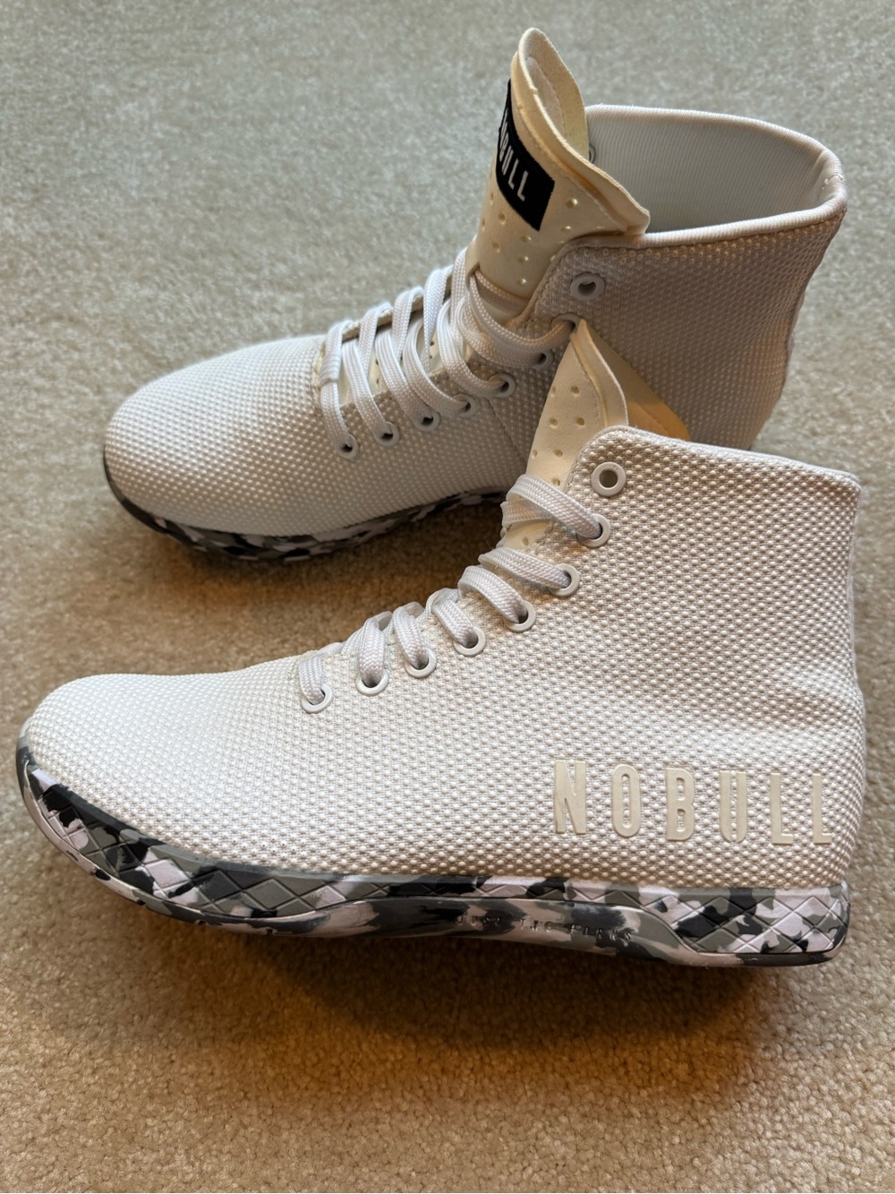 NOBULL White High-Top Training Shoes with Black & Gray Camouflage Sole